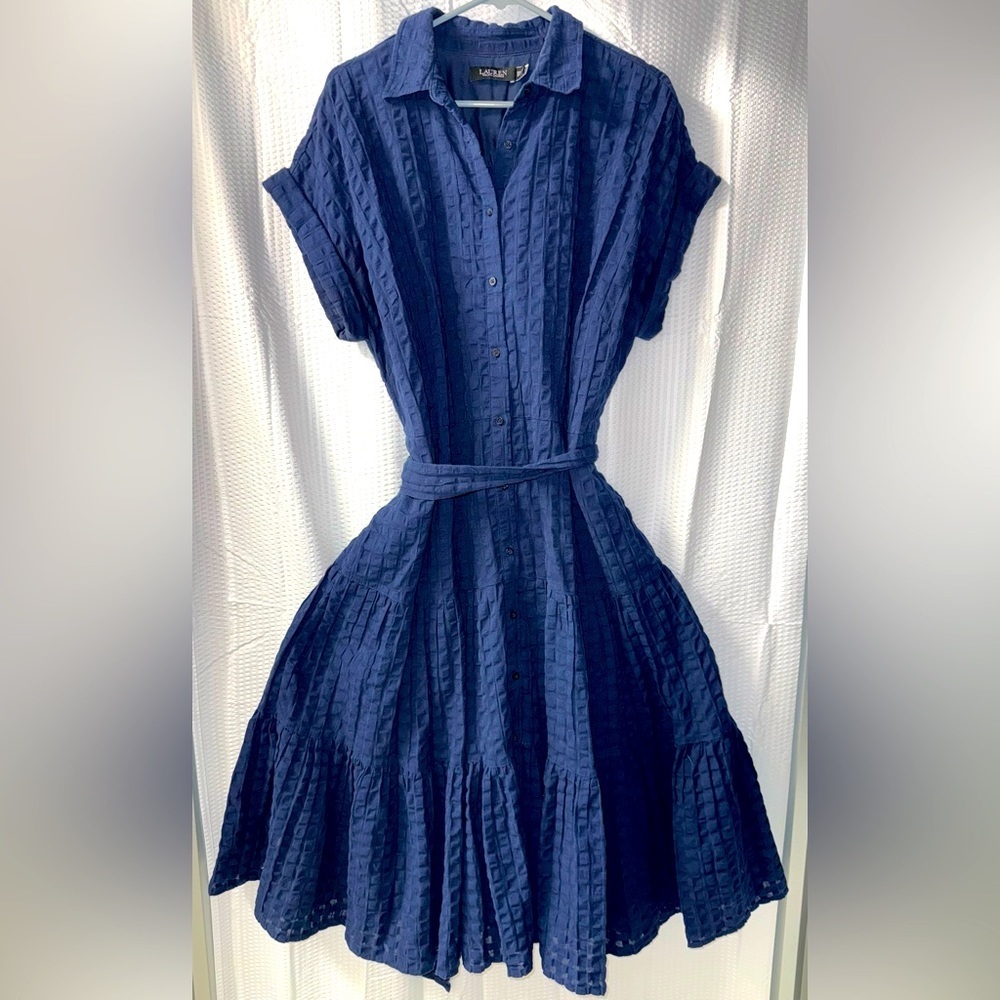 LAUREN Ralph Lauren Gingham Belted Cotton Dress in navy blue Size 16W